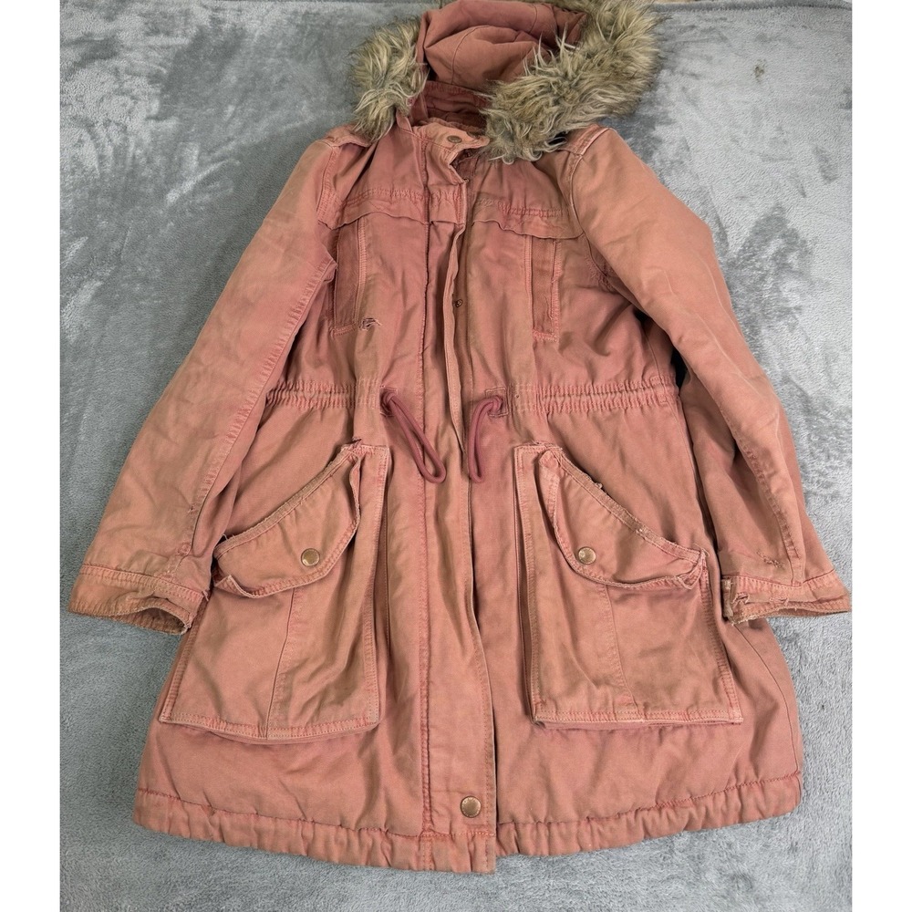 American Eagle Women's Parka Jacket Size Medium Pink Full Zip Outdoor Fur Hood
